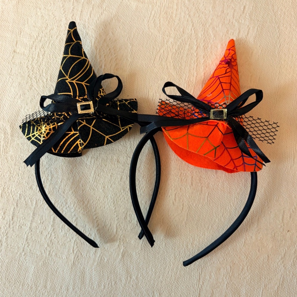 Halloween Mini Witch Hat Headbands Set of 2 Spiderweb Costume Black Orange
